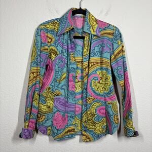 Etro Milano Womens 40/4 US Button Up Shirt Blouse Green Paisley Long Sleeves